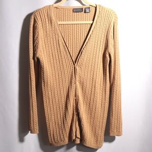 VTG 90s Camel Tan Cable Knit Cardigan Sweater Womens M Cotton Academia Poetcore